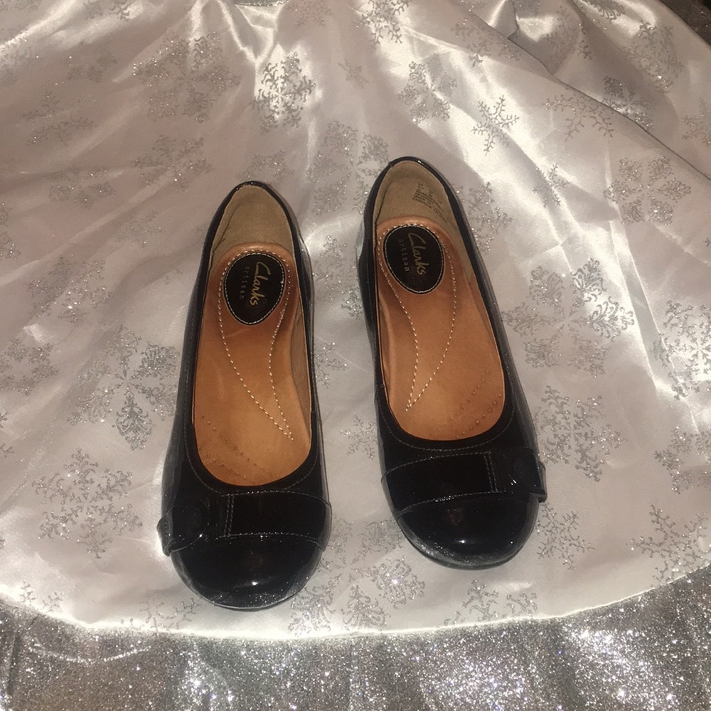 Clark’s patent leather wedges